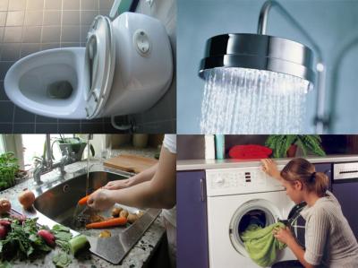 Billedet viser toilet, bruser, vask med grøntsager og vaskemaskine med tøj