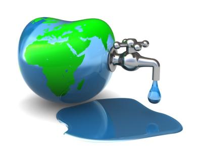 Illustrationen viser jorden som en dunk påsat en taphane. Der drypper vand ud af taphanen og der ligger en sø med vand ved siden af jordkloden.