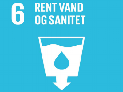 Illustrationen viser FNs Verdensmåls symbol nr. 6 med teksten Rent vand og sanitet og en tegnet WC cisterne med vand i og en vanddråbe