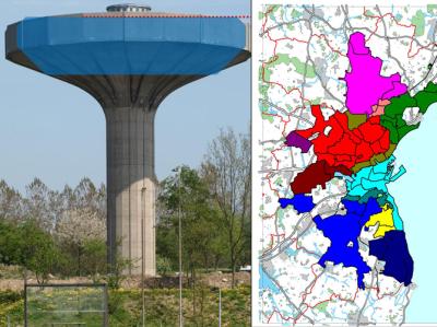 Billedet viser på venstre side et vandtårn og på højre side et kortudsnit, hvor områder er farveopdelt.